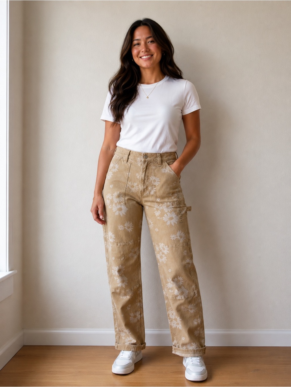 American Eagle Outfitters Tan Floral Straight-Leg Jeans